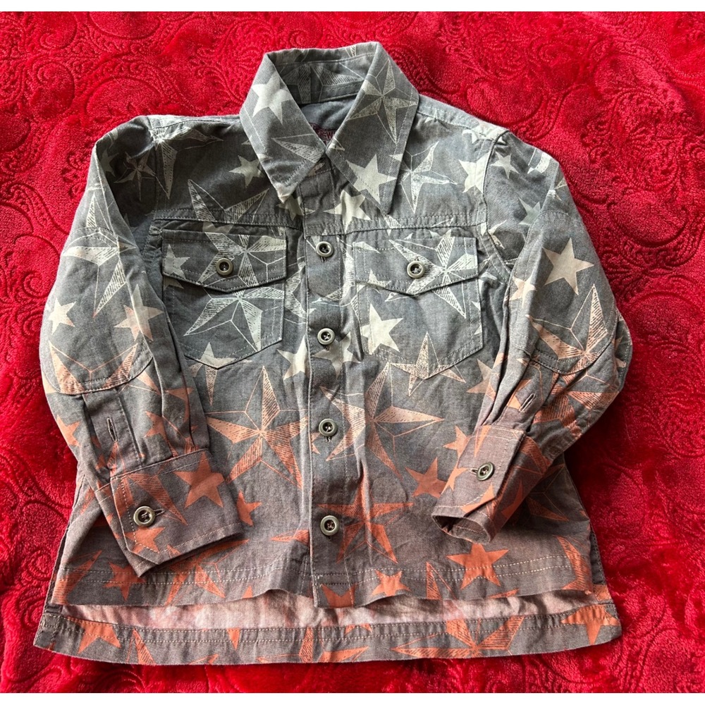 Paper Wings Button Down Shirt‎ Star Print Gray Orange Kids Size 2